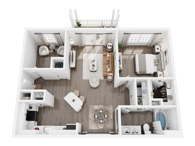 Modern floor plan showcasing 1 bedroom, spacious living area, elegant kitchen, and cozy balcony access.
