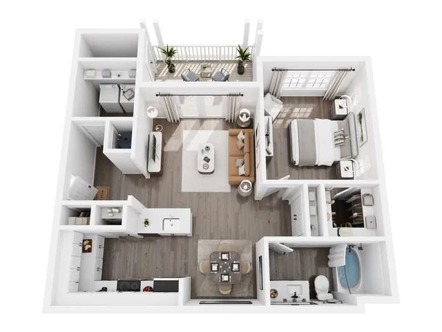 Modern 2D floor plan highlighting a cozy 1-bedroom apartment with open-concept living area, chic kitchen, and private balcony. Enjoy the stylish layout with abundant natural light and elegant interior design.