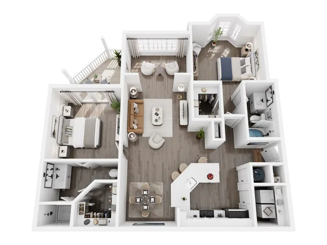 Elegant 3D floor plan showcasing two spacious bedrooms, a modern open-concept living area, and a sleek kitchen with an island. Perfect for stylish urban living.