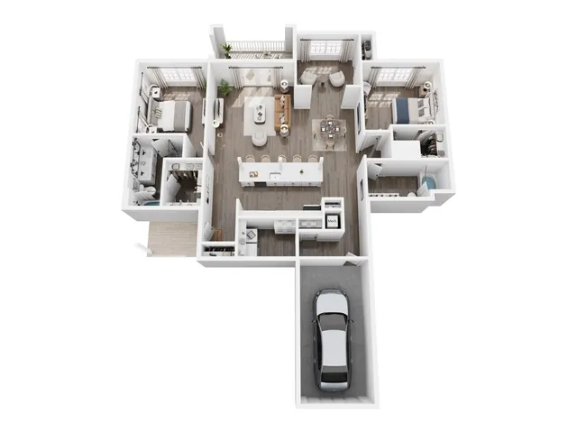 Modern 3D floor plan showcasing 3 bedrooms, open living room, sleek kitchen, and integrated garage, designed for contemporary living.