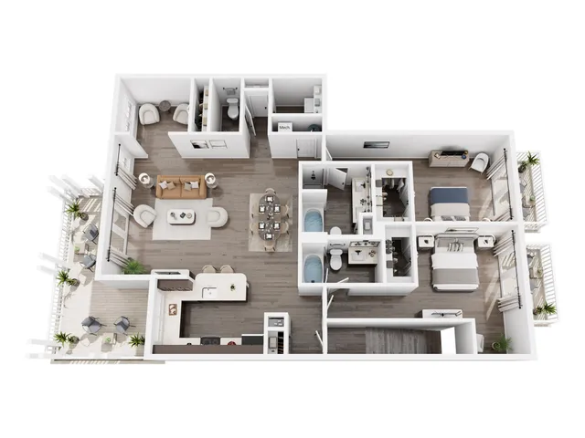 Modern 3D floor plan showcasing 2 bedrooms, 2 bathrooms, a stylish open-concept living and dining area, and a cozy balcony.