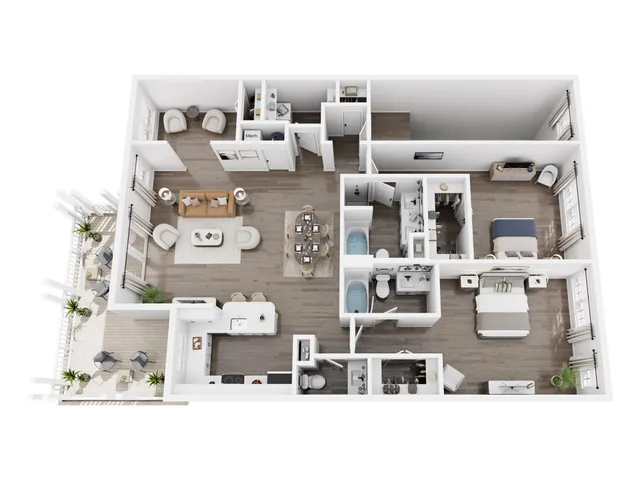 Elegant 3D floor plan of a modern apartment featuring two spacious bedrooms, an open-concept living and dining area, a sleek kitchen, two bathrooms, and a private balcony with outdoor seating.