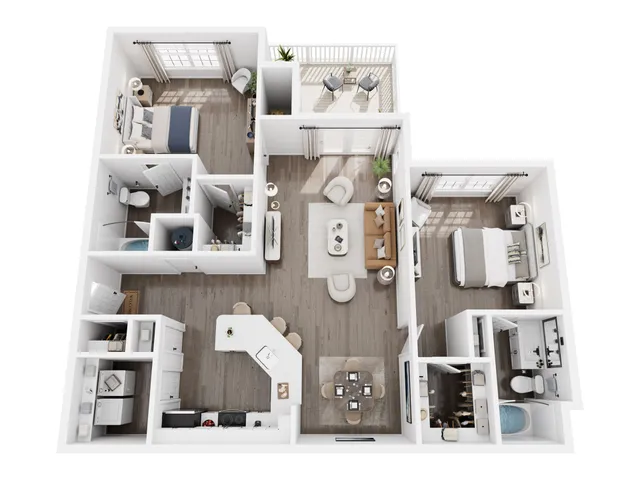 Modern 3D floor plan showcasing two bedrooms, a stylish open-concept living area, sleek kitchen with breakfast bar, two bathrooms, and a cozy balcony.