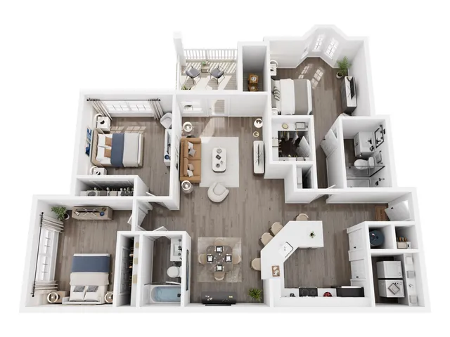 Modern 3D floor plan featuring two spacious bedrooms, a bright open living room, a sleek kitchen with a breakfast bar, and two elegant bathrooms. Includes a cozy balcony with outdoor seating for relaxation.