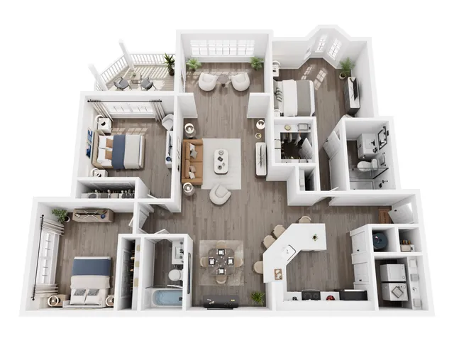Modern 3D apartment layout featuring two elegant bedrooms, two bathrooms, a cozy living room, and a chic open-plan kitchen, complemented by a charming balcony and stylish furnishings.