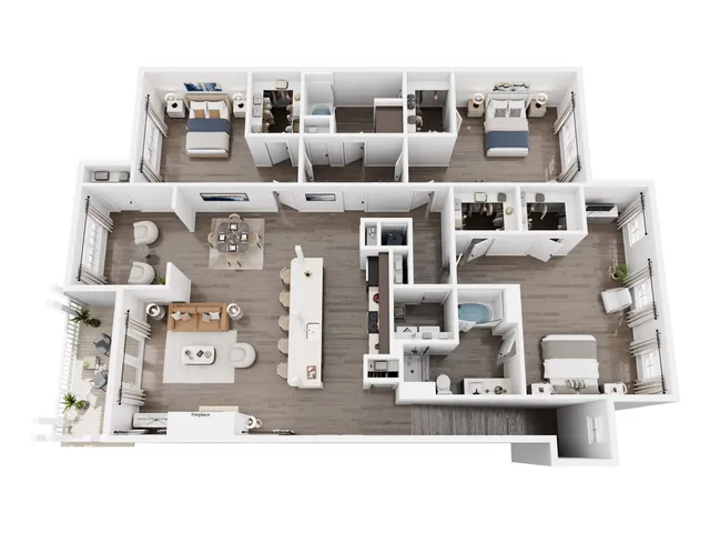 Elegant 3D floor plan showcasing three bedrooms, a modern open kitchen with an island, and cozy living areas with a fireplace and dining space.