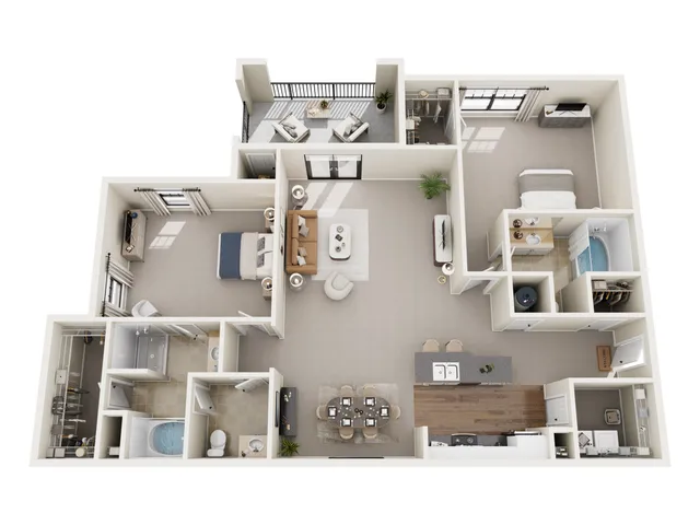 Elegant 3D floor plan featuring 2 spacious bedrooms, an open-concept living room, and a modern kitchen with an island, complemented by a cozy balcony and luxurious bathrooms.