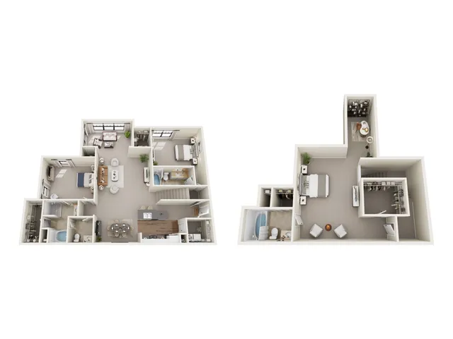 Elegant 3D floor plan showcasing a modern two-story apartment with three spacious bedrooms, an open living and dining area, and a sleek kitchen. Features include stylish interiors, ample natural light, and luxurious bathrooms.