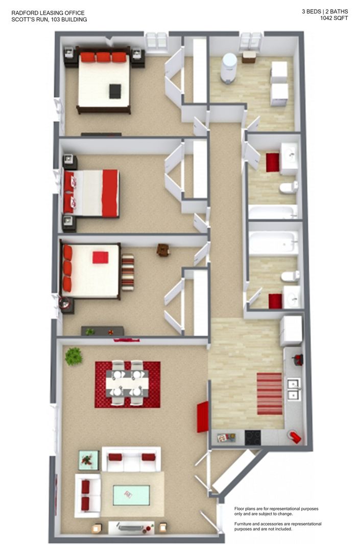 Modern 3-bedroom, 2-bathroom floor plan at Scott's Run, featuring an open living and dining area, spacious kitchen, and cozy bedrooms over 1042 sq ft.