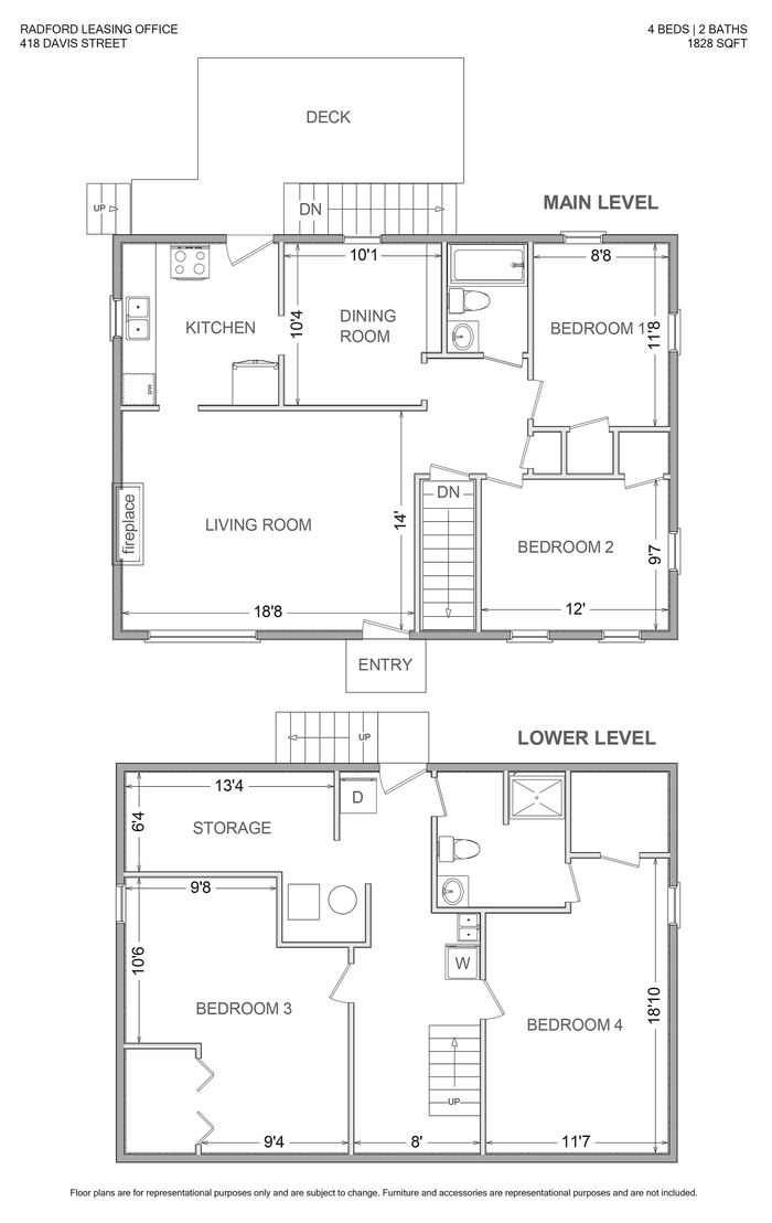 Inviting floor plan at 418 Davis Street featuring 4 bedrooms, 2 baths, expansive deck, and a cozy fireplace in the living room over two levels. Spacious 1828 sq ft ideal for comfortable living.