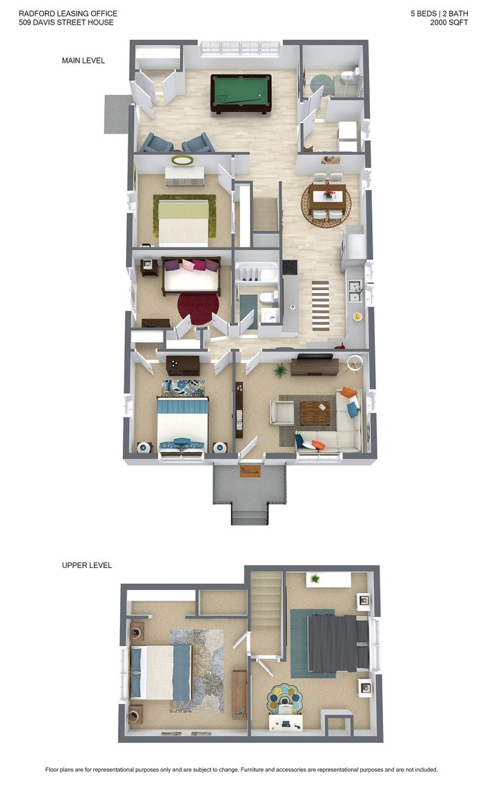 Luxurious 5-bedroom, 2-bathroom floor plan showcasing a spacious main level with billiard room and open-concept living area. Upper level features cozy bedrooms, ideal for a family home.