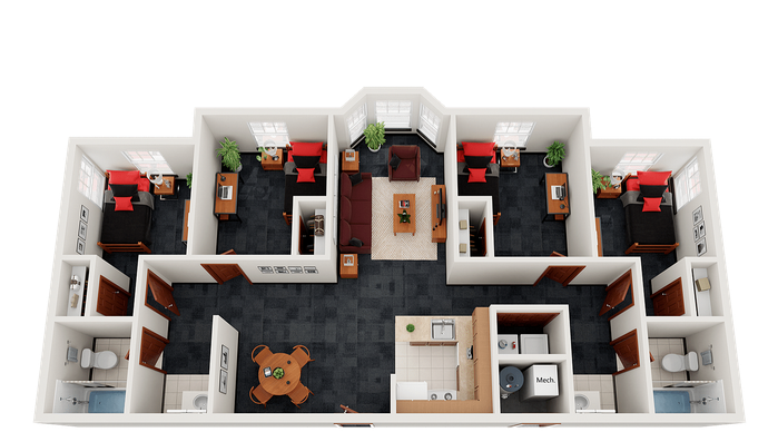 Modern 3D floor plan showcasing a spacious 3-bedroom apartment with a central living area, elegant kitchen, and cozy dining space.