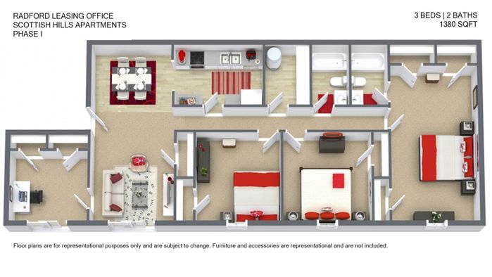 3D floor plan of Scottish Hills Apartments featuring 3 spacious bedrooms, 2 modern bathrooms, and an open-concept living and dining area spanning 1380 sq ft.