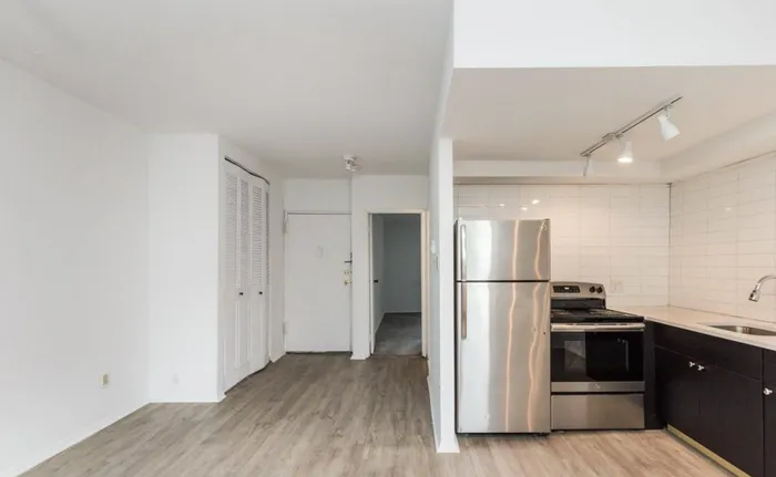 Modern kitchen with stainless steel appliances, sleek dark cabinetry, and stylish lighting on light wood flooring.