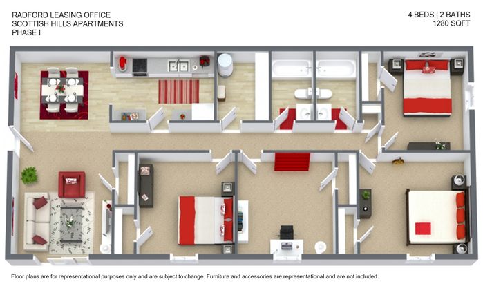 Spacious 4-bedroom apartment floor plan featuring 2 modern bathrooms, an elegant dining area, and an open living space, totaling 1280 sq ft in Scottish Hills Apartments.