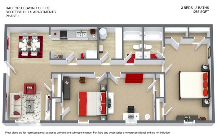 Elegant 3-bedroom, 2-bathroom floor plan at Scottish Hills Apartments features a spacious living area, modern kitchen, and cozy dining space, totaling 1286 sq ft.