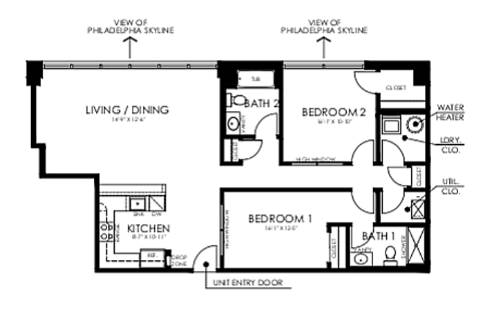 Modern floor plan of The Civic, Philadelphia showcasing 2 bedrooms, 2 baths, and open living/dining area with skyline views, 1164 sq ft.
