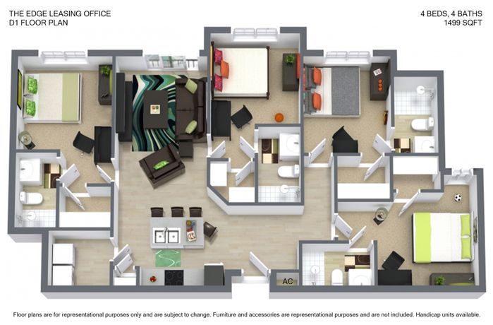 Elegant D1 floor plan showcasing 4 bedrooms and 4 bathrooms across 1499 sq ft, featuring a modern open-concept living area and spacious kitchen at The Edge Leasing Office.