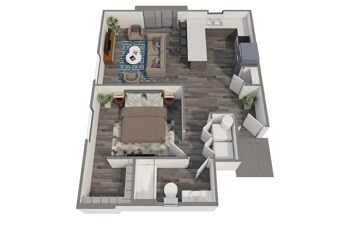 3D floor plan of a modern apartment with a spacious bedroom, open-concept living area, and stylish kitchen.