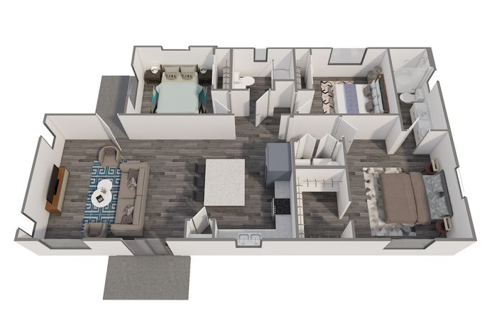 3D floor plan showing 3 bedrooms, open living and dining area, modern kitchen, and two bathrooms.