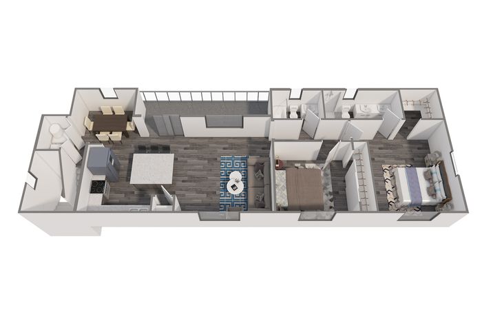 3D floor plan showcasing a modern apartment with two bedrooms, an open living-dining area, a kitchen with an island, and two bathrooms.