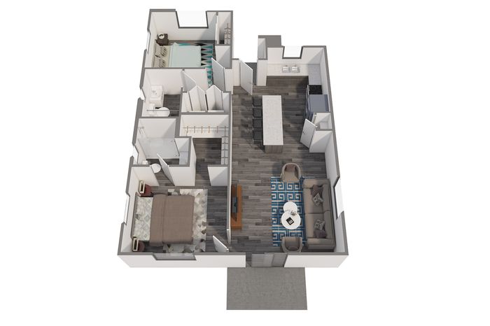Modern 3D floor plan showcasing two bedrooms, a stylish kitchen with an island, and a cozy living area.