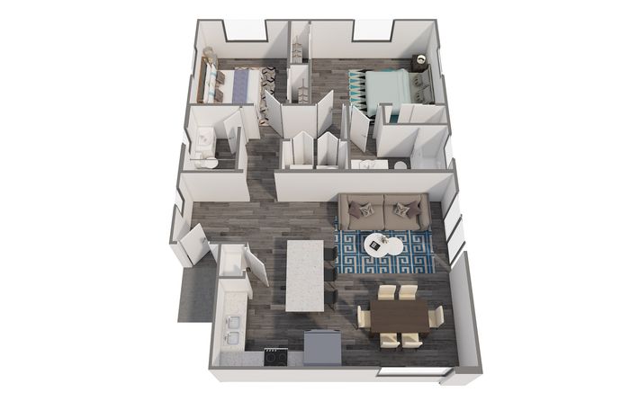 3D floor plan showcasing a chic open-concept living and dining area, two stylish bedrooms, and a modern kitchen.