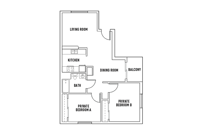 Charming floor plan showcasing a spacious living room, well-equipped kitchen, dining area, and two private bedrooms featuring a cozy balcony.