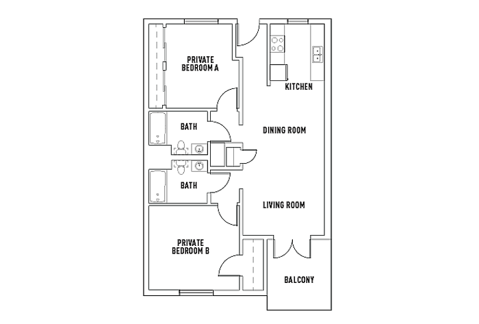 Contemporary 2-bedroom floor plan featuring private baths, a modern kitchen, and a spacious living room with a balcony.