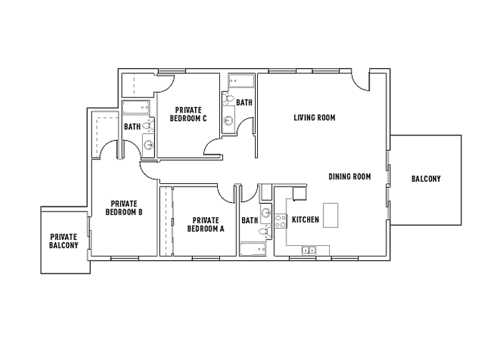 Modern floor plan displaying 3 private bedrooms, open living and dining area, kitchen, and dual balconies.