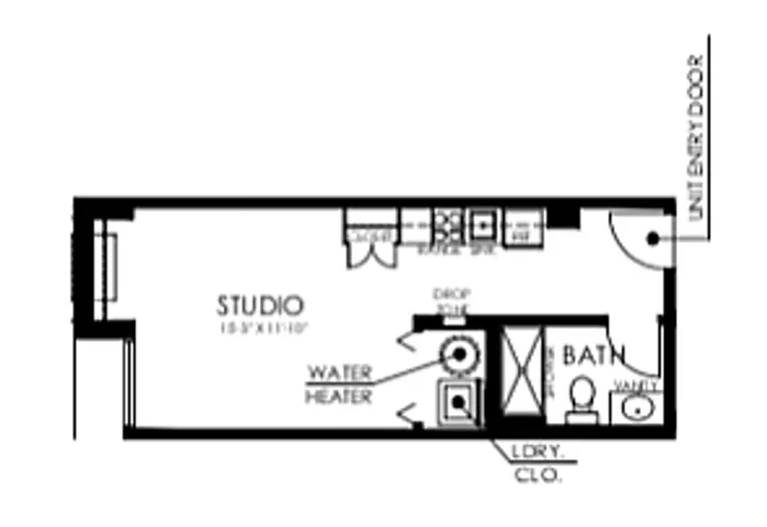 Modern studio apartment floor plan showcasing efficient use of 350 square feet with a spacious studio area, cozy kitchen, and a well-designed bathroom in Philadelphia's The Civic.