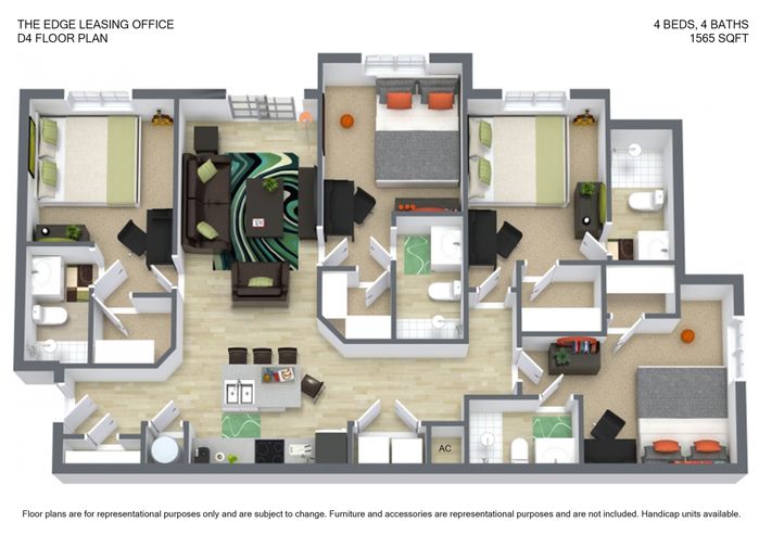 Modern apartment floor plan featuring 4 bedrooms, 4 baths, and an open-concept living area in 1565 sq ft with stylish furnishings.