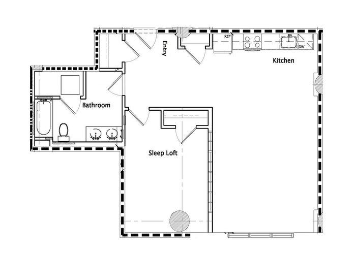 Innovative floor plan showcasing a spacious kitchen with modern appliances, a cozy sleep loft, and a sleek bathroom.