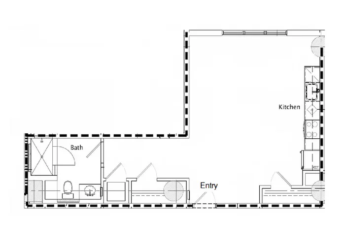 Modern floor plan highlighting a spacious open-concept kitchen, bathroom, and entryway, designed for efficient living.
