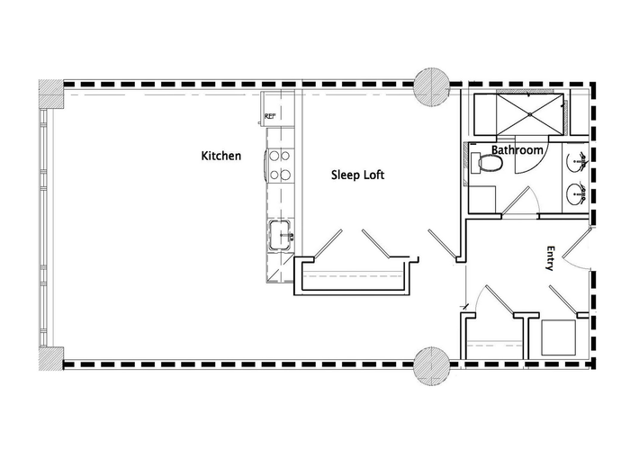 Chic loft floor plan featuring an open-concept kitchen, spacious sleep loft, and modern bathroom.