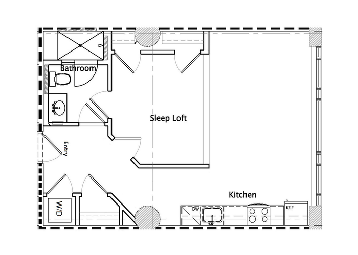 Modern floor plan showcasing a versatile sleep loft, compact kitchen, and full bathroom with washer/dryer space.