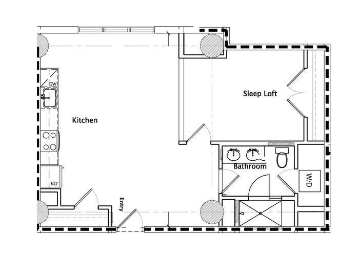 Contemporary floor plan showcasing a spacious kitchen, cozy sleep loft, and modern bathroom with dual sinks.