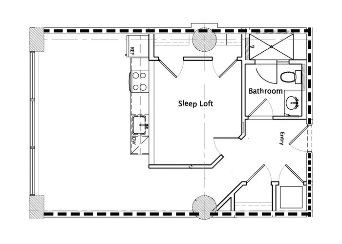 Modern floor plan featuring a cozy sleep loft, efficient kitchen area, and well-appointed bathroom.
