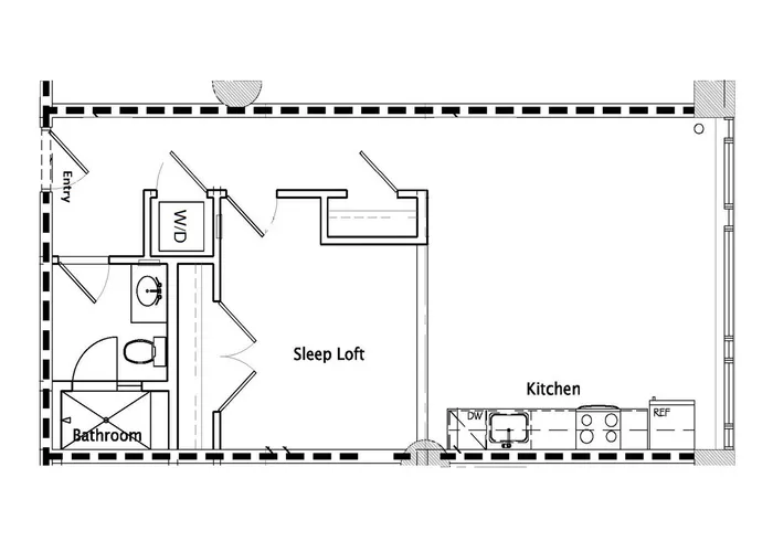 Contemporary floor plan showcasing a cozy sleep loft, modern kitchen, and well-designed bathroom with entry access.