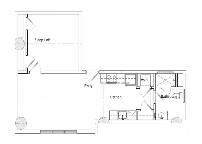 Modern floor plan showcasing a cozy sleep loft, efficient kitchen, and compact bathroom layout for urban living.