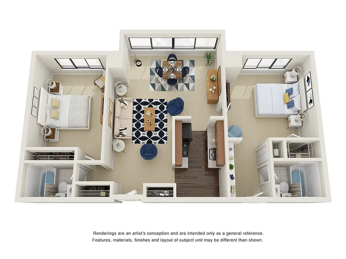 Elegant 3D apartment floor plan showcasing two bedrooms, cozy living room, modern kitchen, and two stylish bathrooms, emphasizing open layout and abundant natural light.