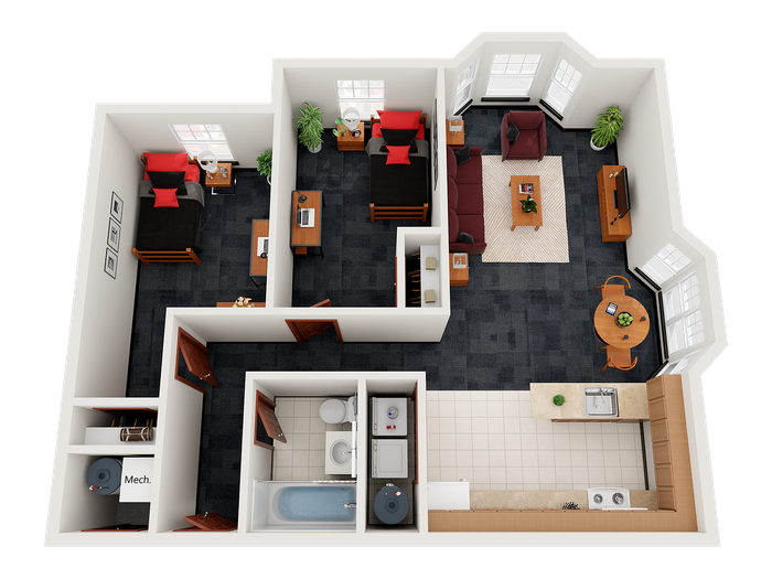 Modern 2D floor plan with 2 cozy bedrooms, inviting living area, sleek kitchen, and dining space, enhanced by large windows and stylish decor.