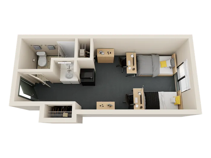 Modern compact 3D floor plan featuring two cozy bedrooms, a shared bathroom, and an efficient layout ideal for comfortable urban living.