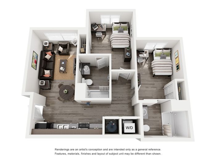 Modern 3D floor plan featuring cozy 2-bedroom layout with an inviting living room, functional kitchen, and stylish furnishings.