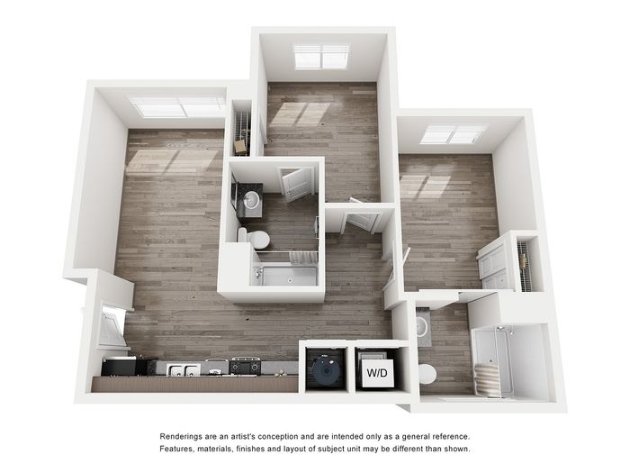 Modern 3D floor plan with 2 bedrooms, 1 bathroom, open kitchen, and laundry area showcasing sleek layout.