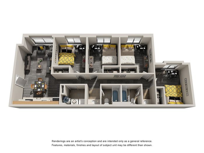 Charming floor plan showcasing 4 cozy bedrooms, modern kitchen, and inviting living area with natural light.