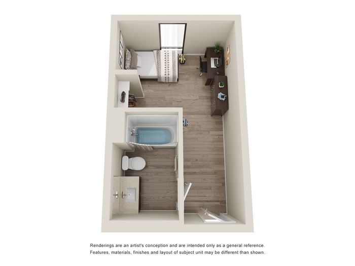 Charming 3D floor plan showcasing a cozy studio apartment with a modern bathroom, inviting bedroom, and functional work desk area.