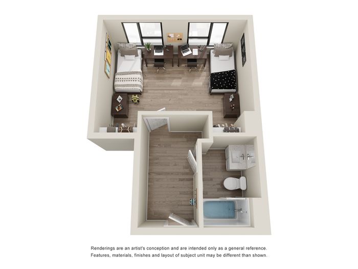Charming studio apartment 3D floor plan with two cozy beds, modern bathroom, and elegant workspace.