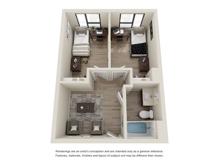 Contemporary 2-bedroom apartment floor plan with open living area, modern bathroom, and large windows for natural light.