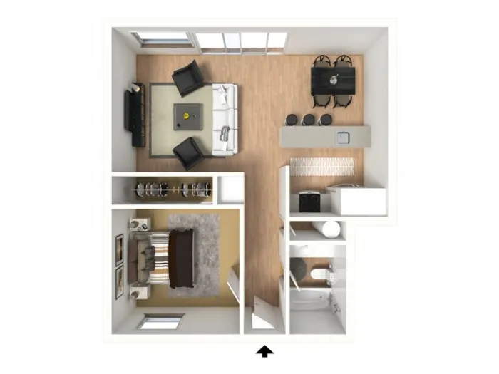 3D floorplan of one-bedroom, one-bathroom with furniture
